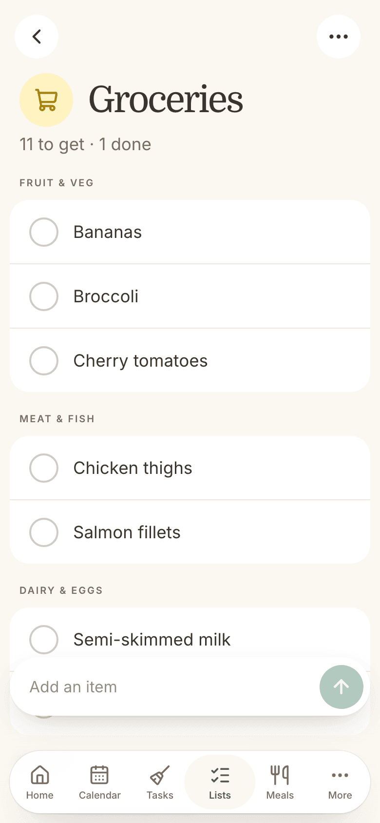 A shared shopping list sorted into shop sections