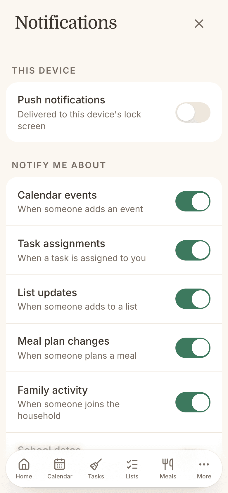 Notification settings with school dates switched on