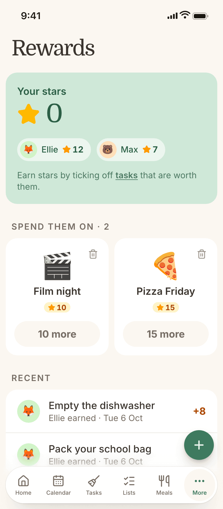 The rewards page with stars and treats