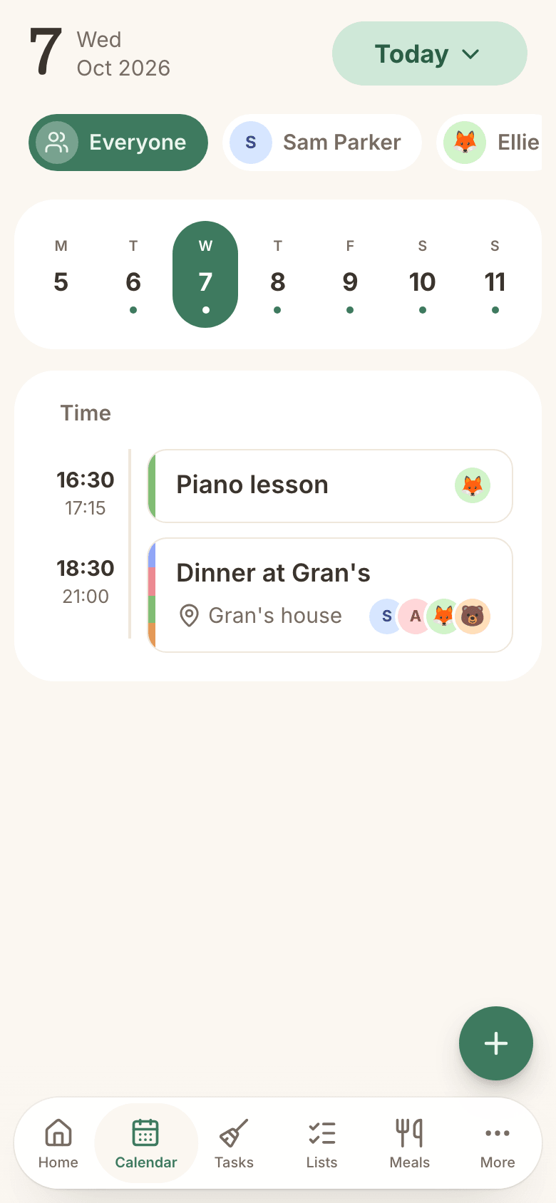 A day in the shared calendar with events for different family members