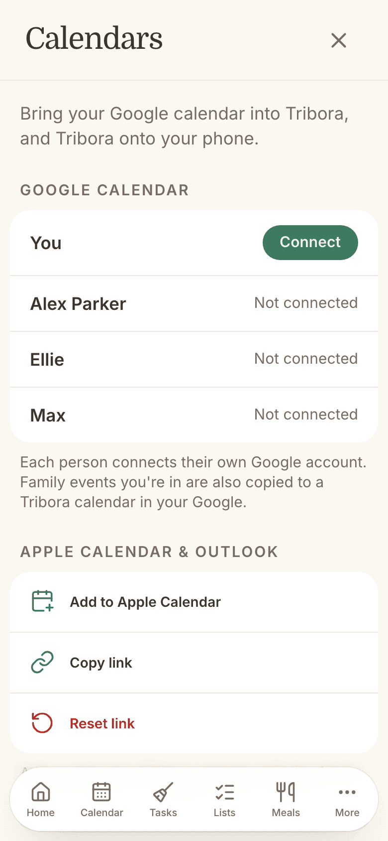 Calendar settings with Google Calendar connected