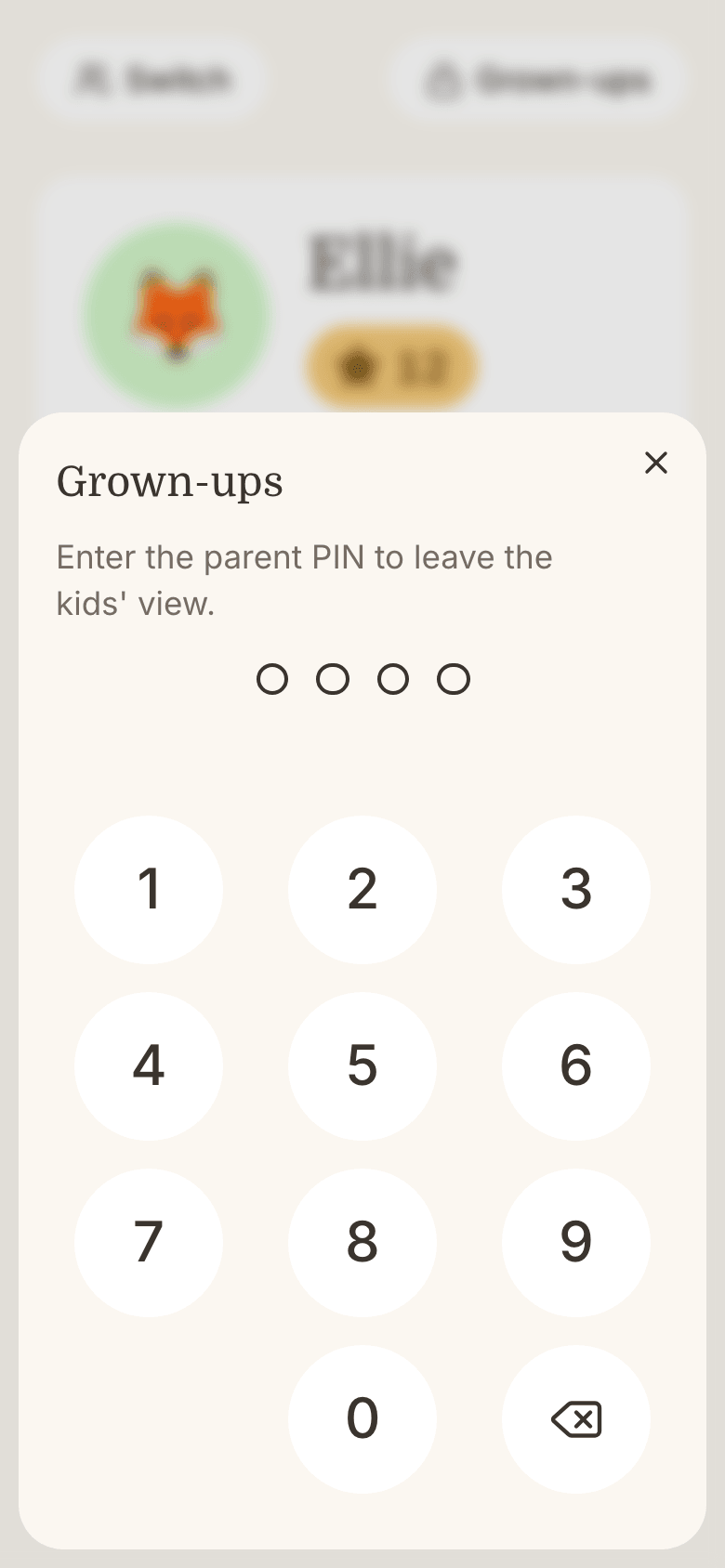 The PIN screen to leave the kids' view