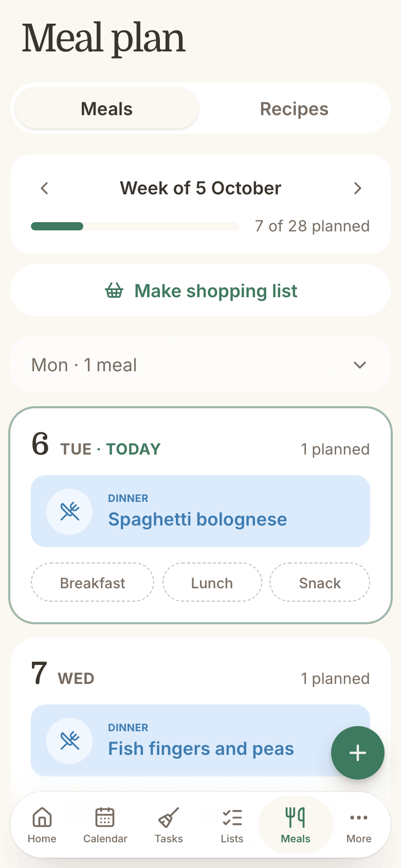 A week of planned meals