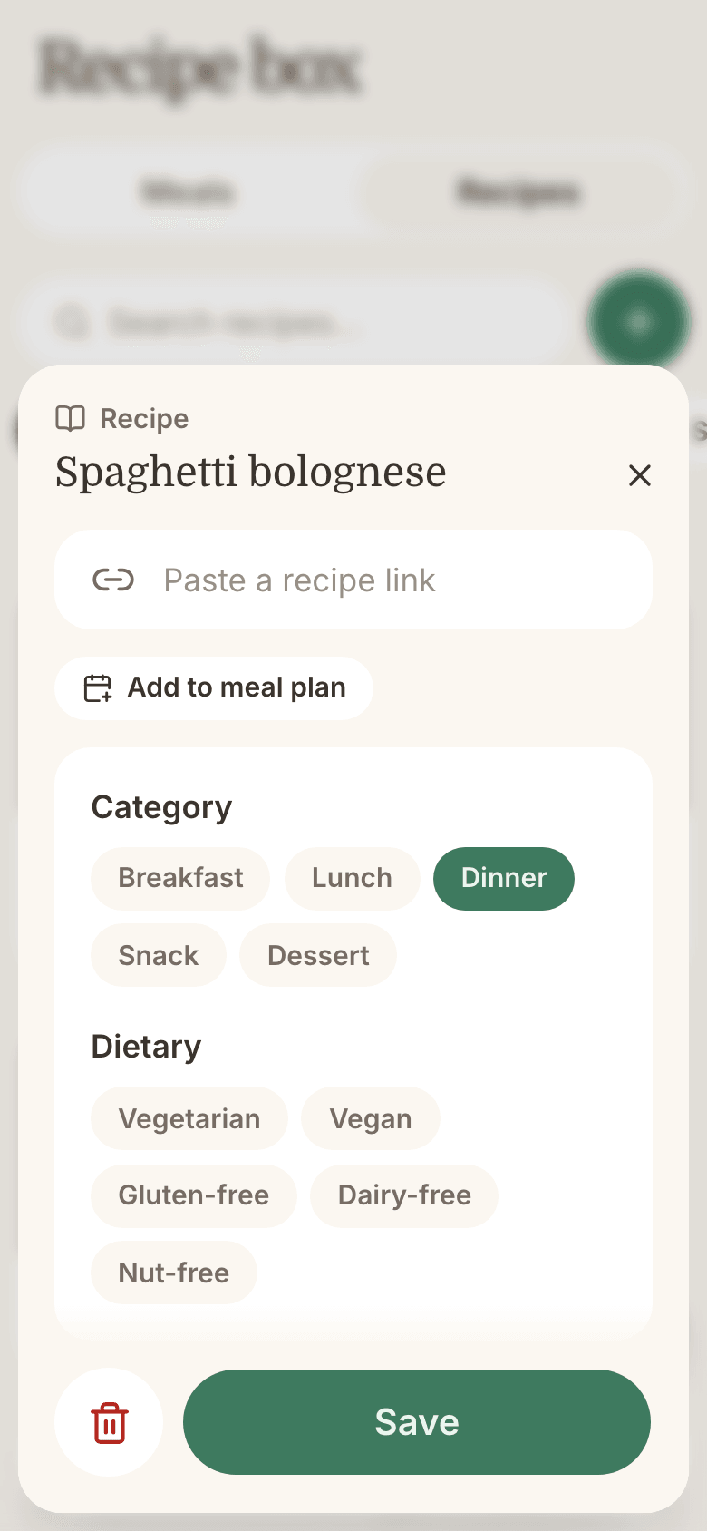 A recipe with its ingredients