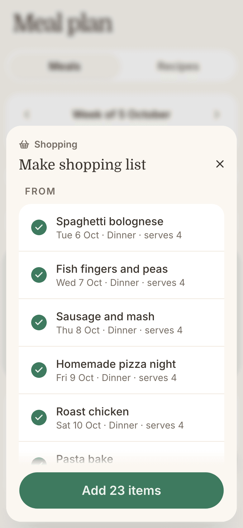 Making a shopping list from the week's meals